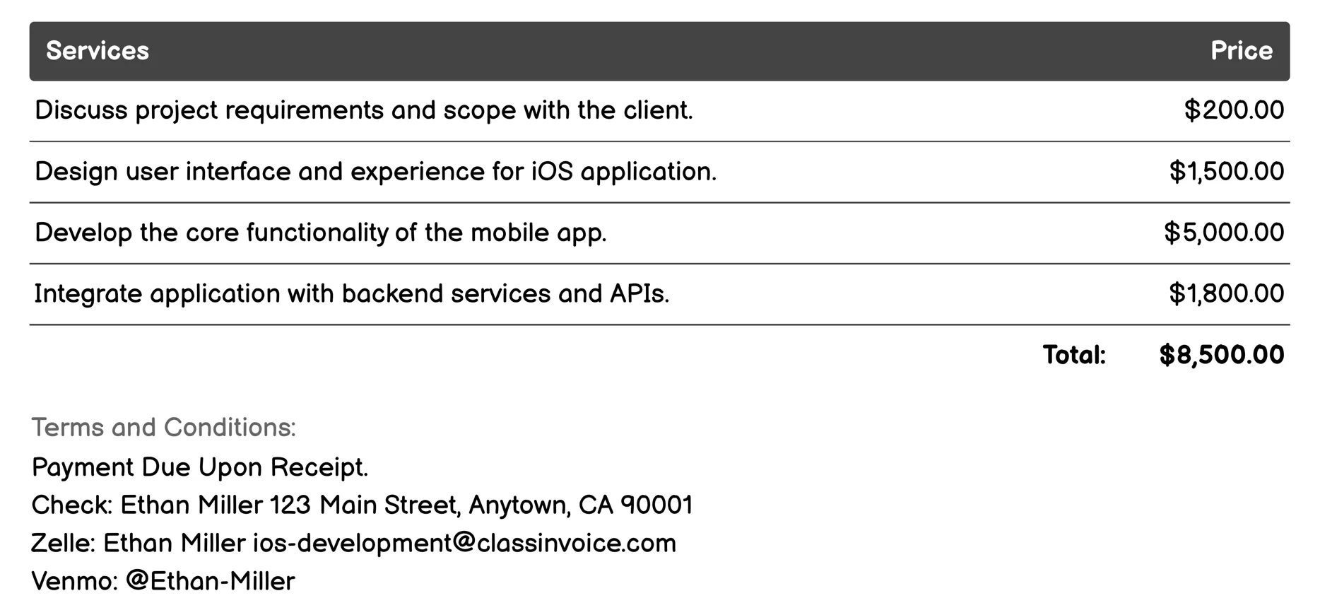 Mobile App Development Invoice Example