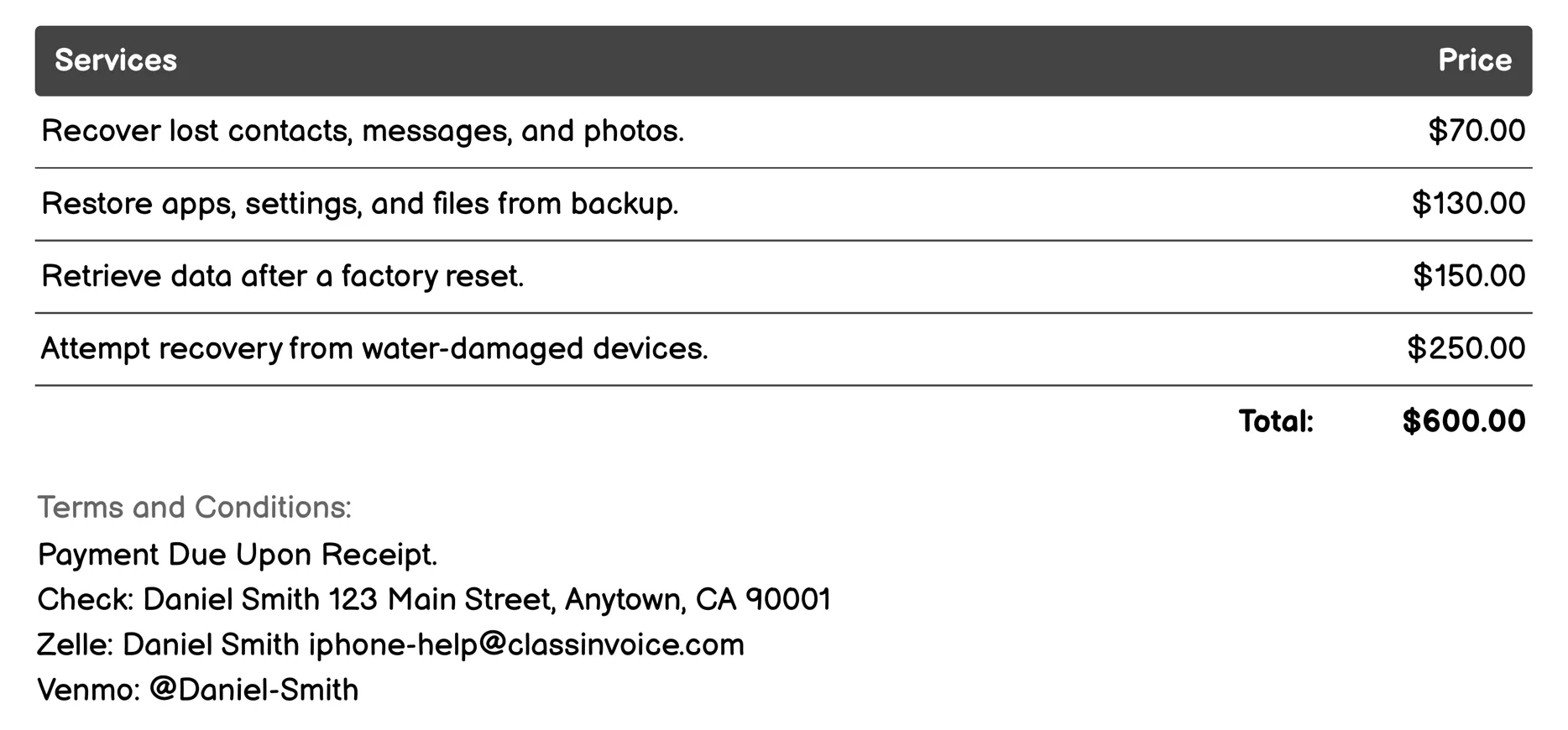 Data Recovery Invoice Example