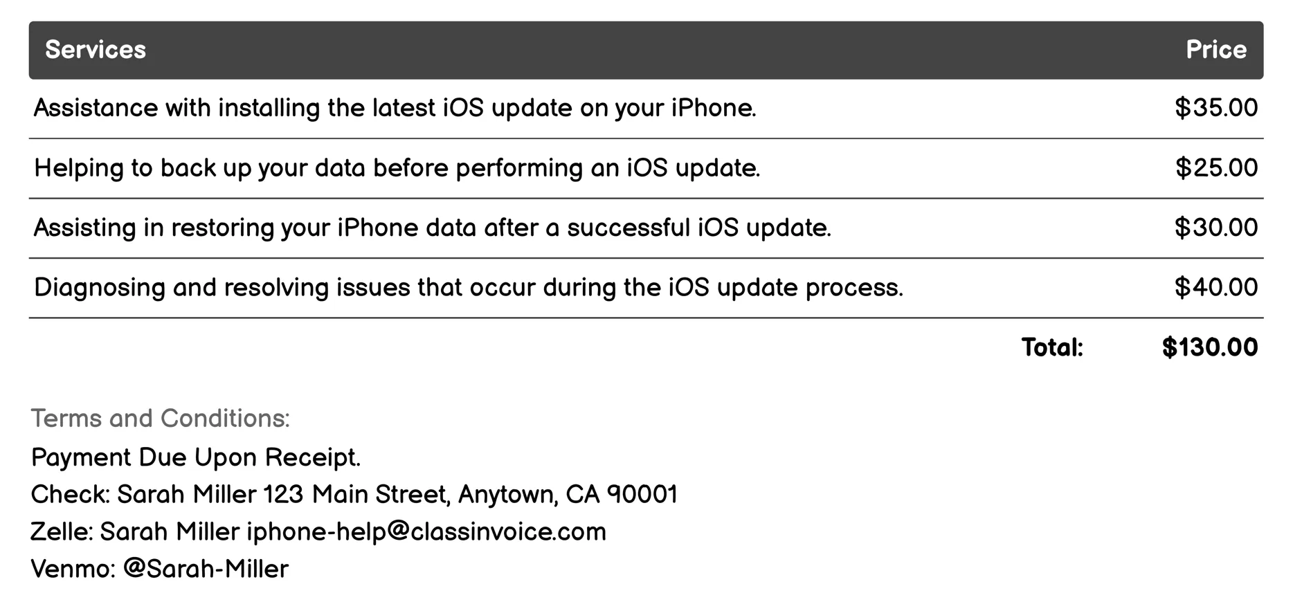 iOS Update Assistance Invoice Example