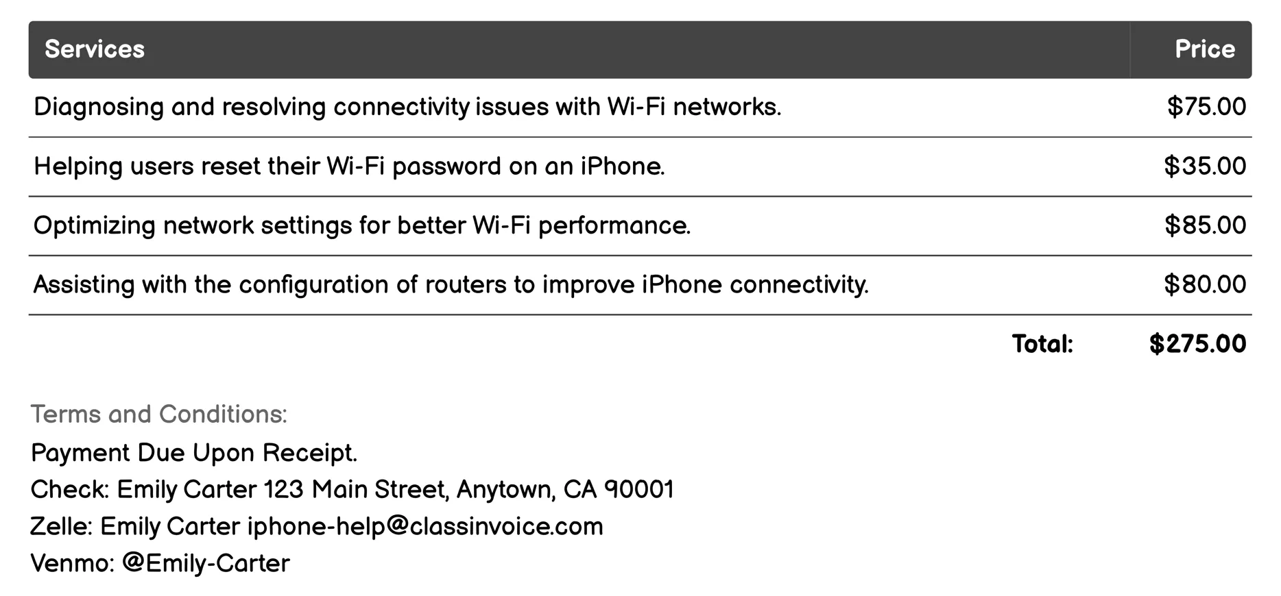 Wi-Fi Connectivity Help Invoice Example