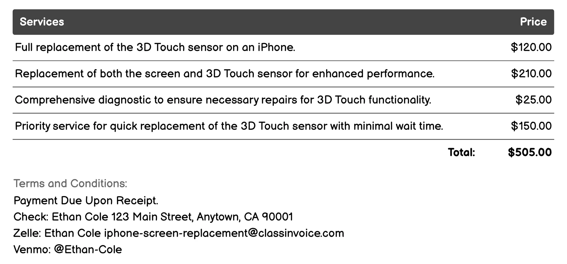 3D Touch Sensor Replacement Invoice Example