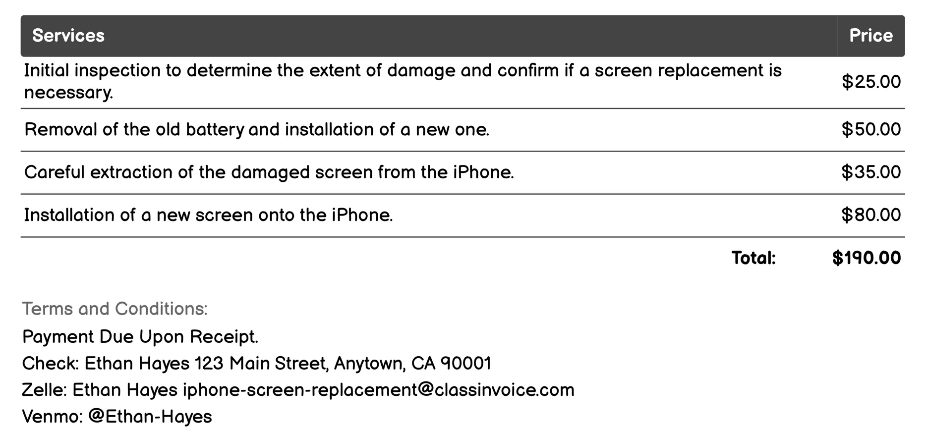 Battery and Screen Combo Replacement Invoice Example