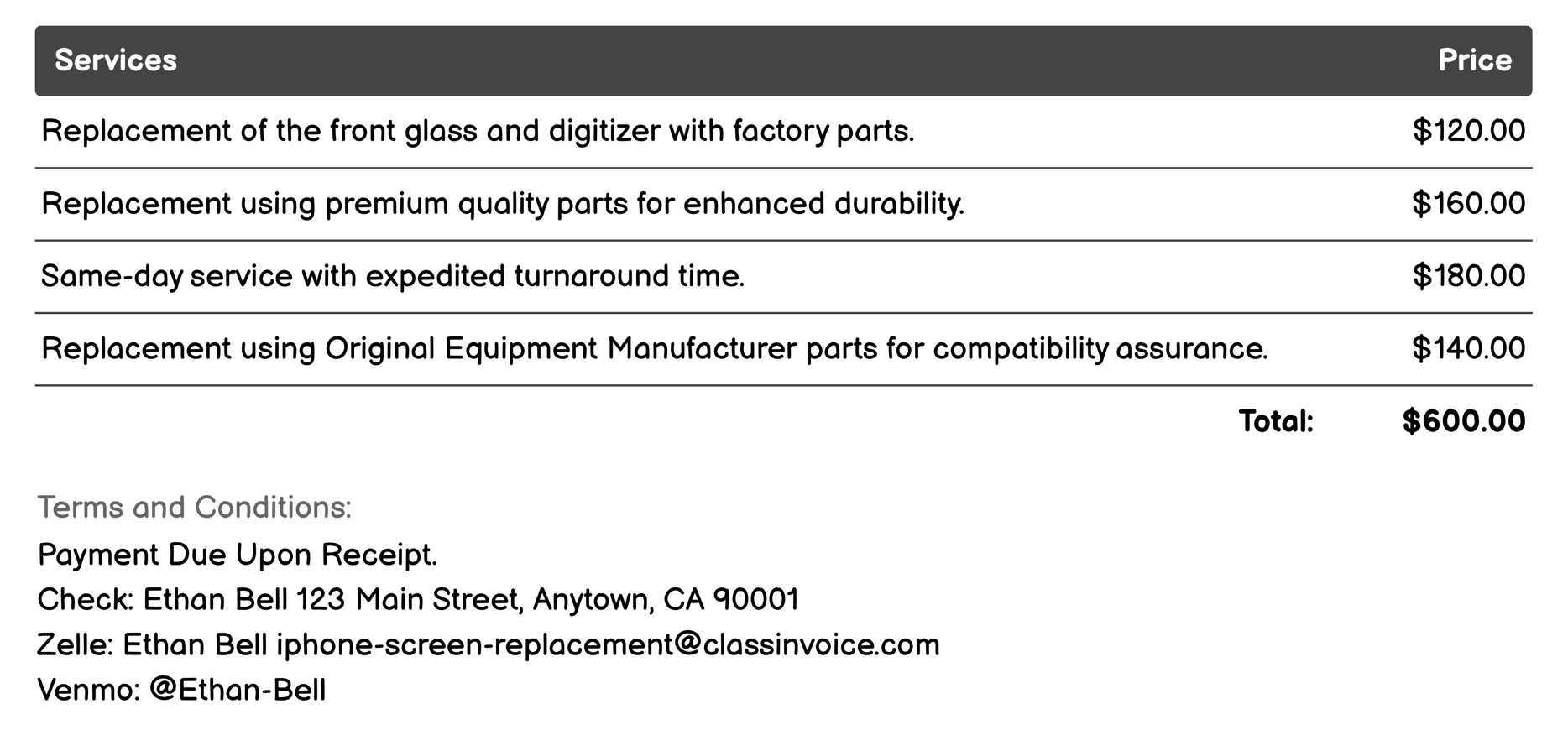 Screen and Digitizer Replacement Invoice Example