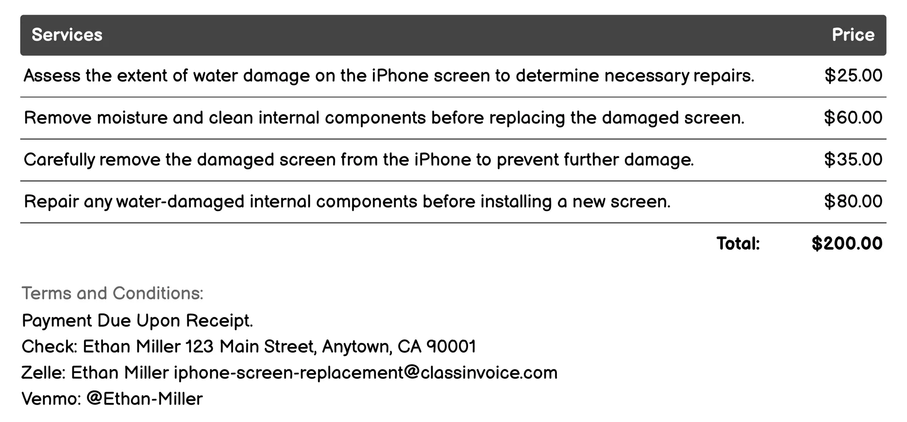 Water Damage Screen Replacement Invoice Example