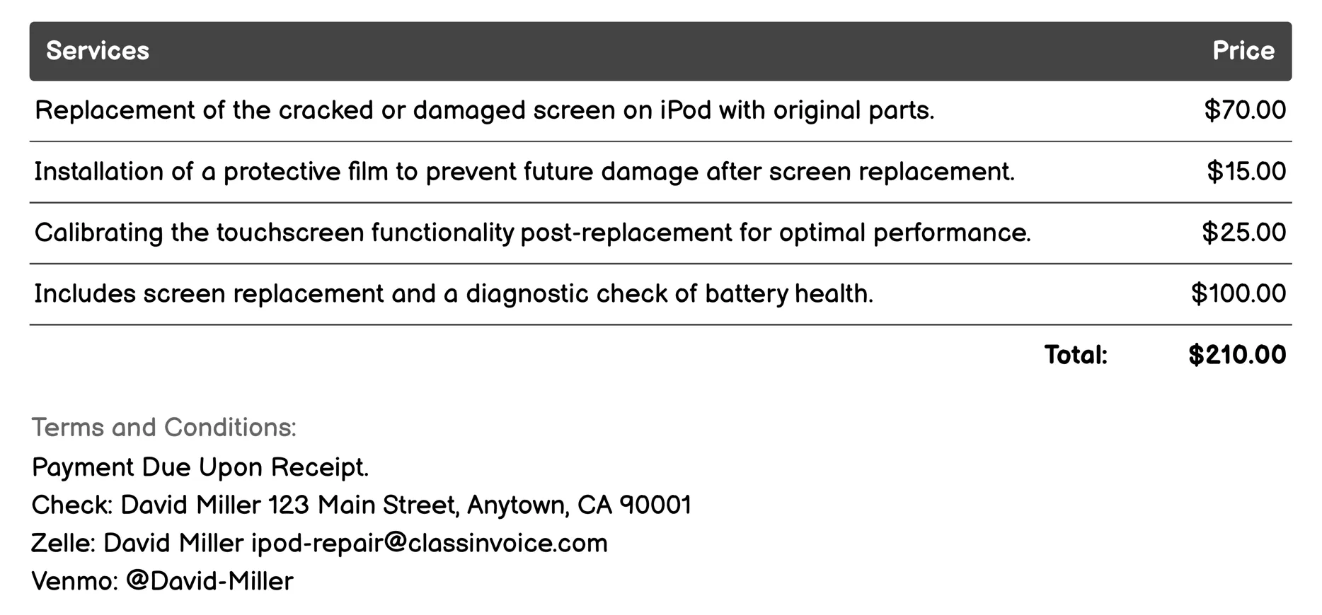 Screen Replacement Invoice Example