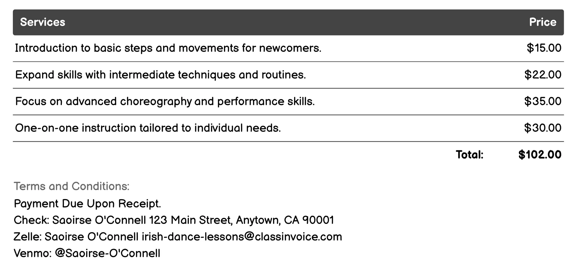 Online Classes Invoice Example