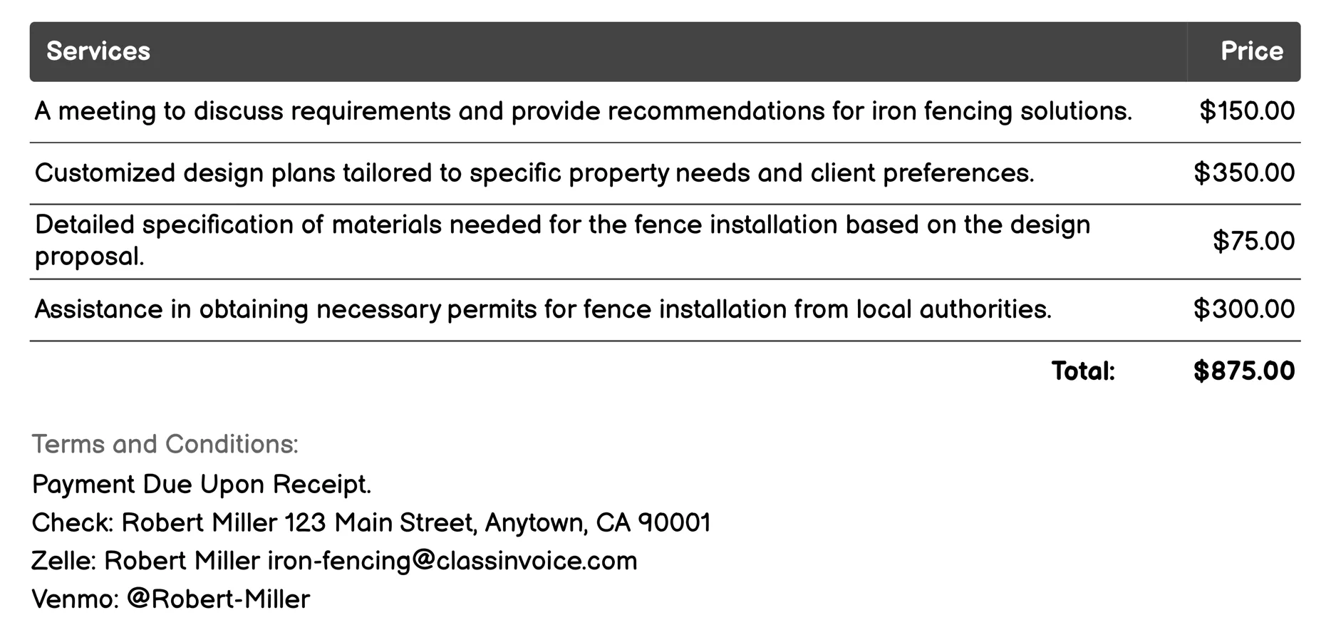 Iron Fence Consultation Services Invoice Example