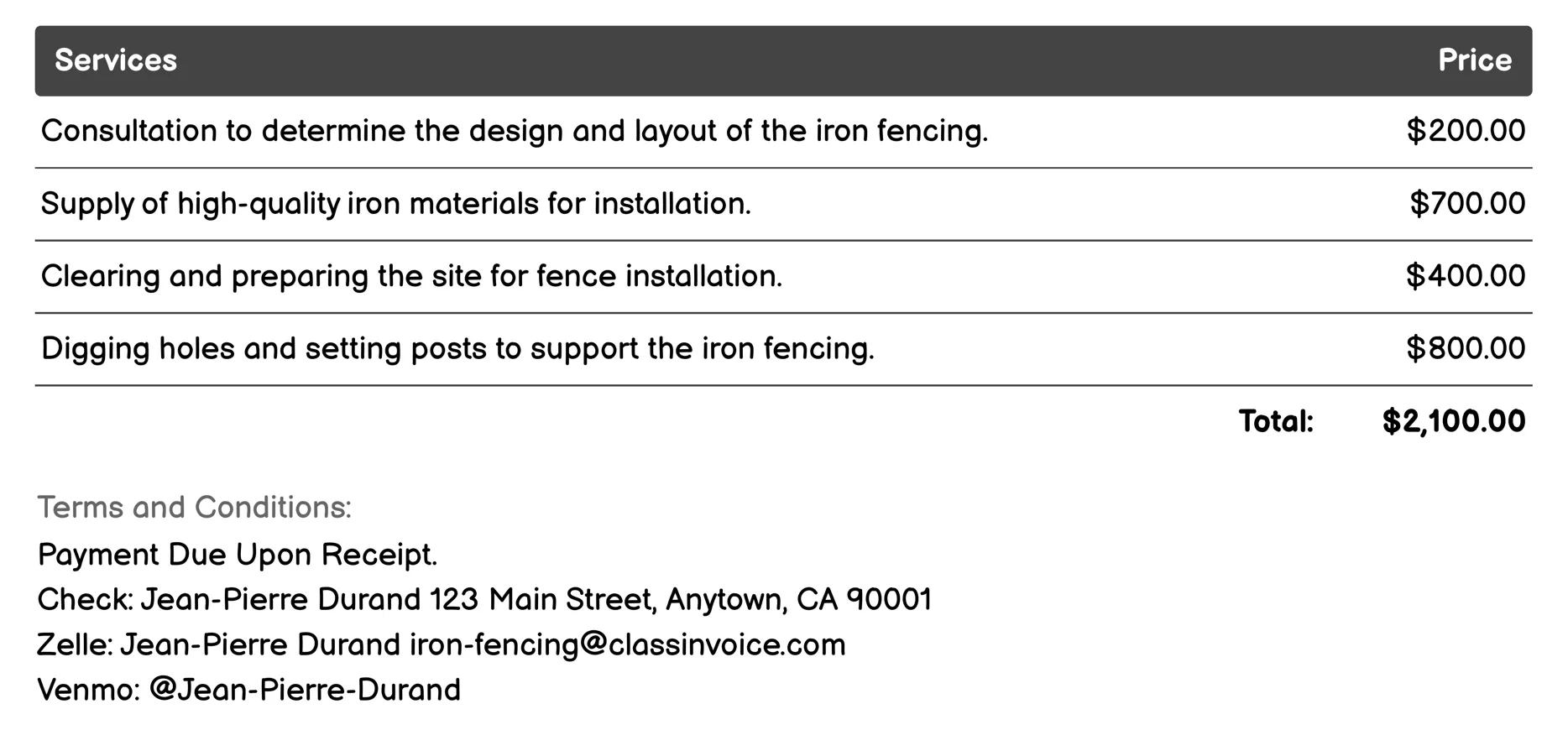 Iron Fence Installation Invoice Example