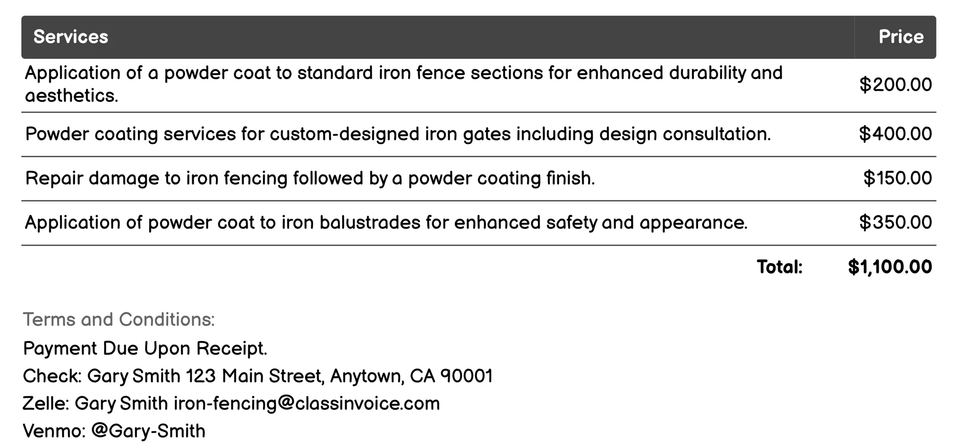 Powder Coating Services Invoice Example
