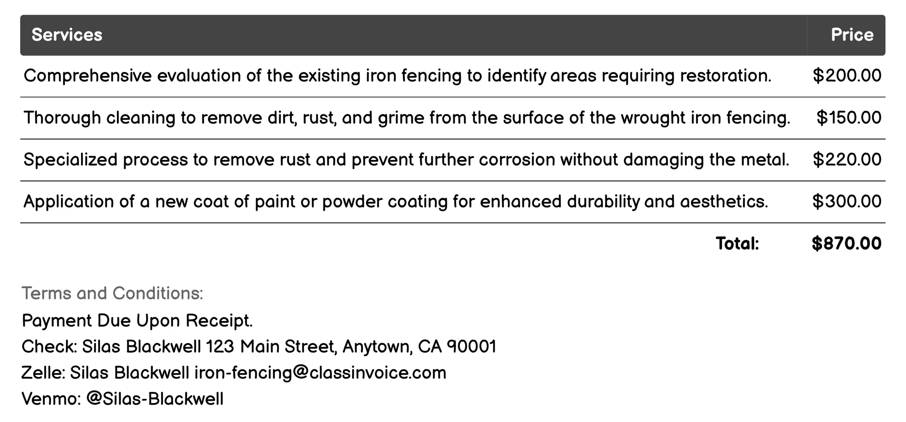 Wrought Iron Fencing Restoration Invoice Example
