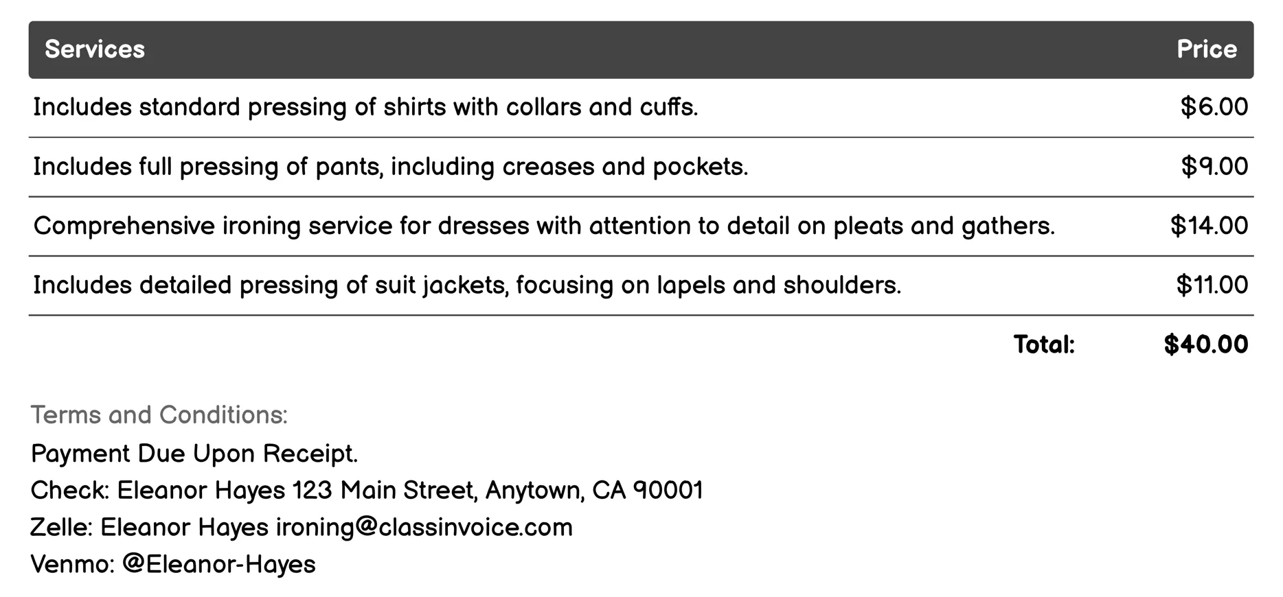Tailored Garment Ironing Invoice Example