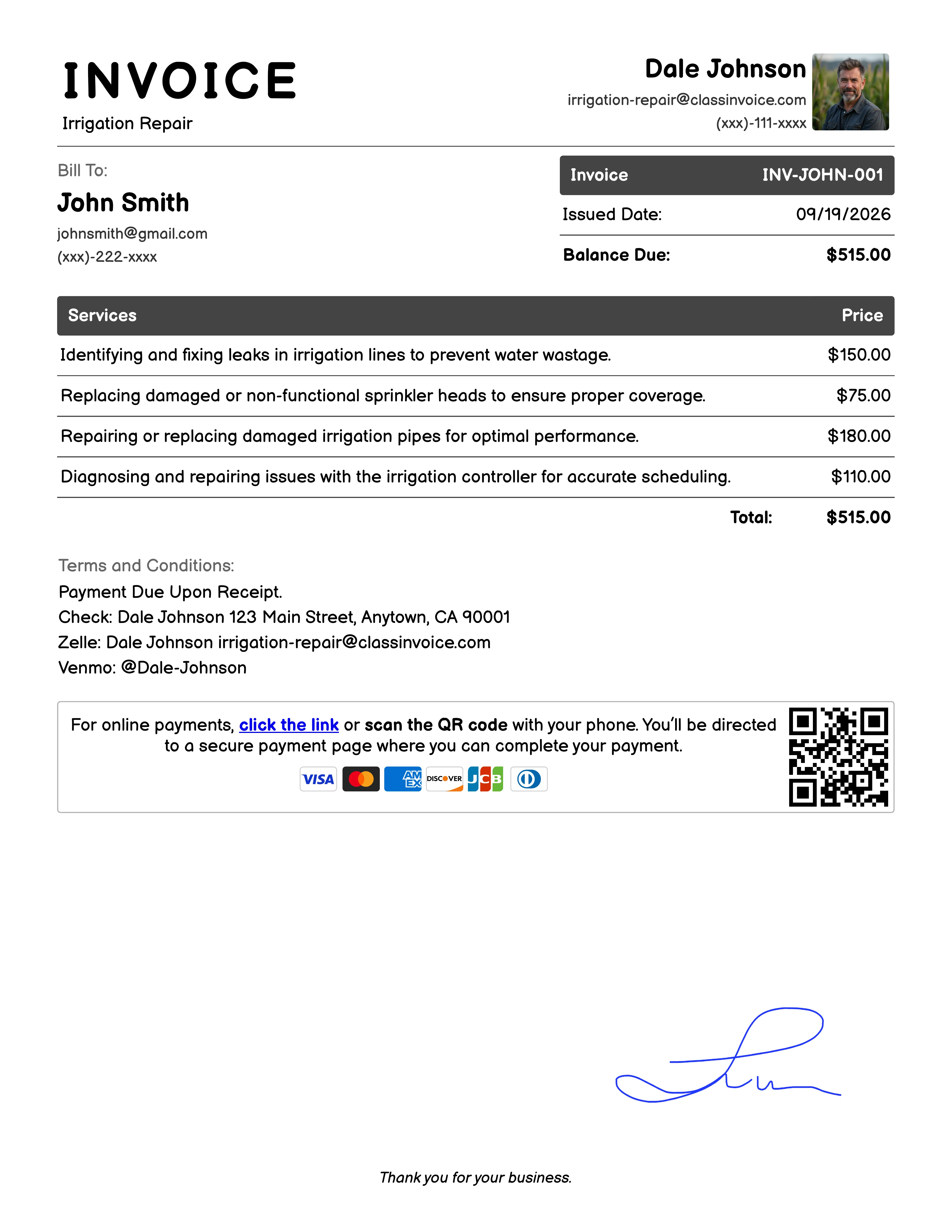 Irrigation Repair Invoice Example