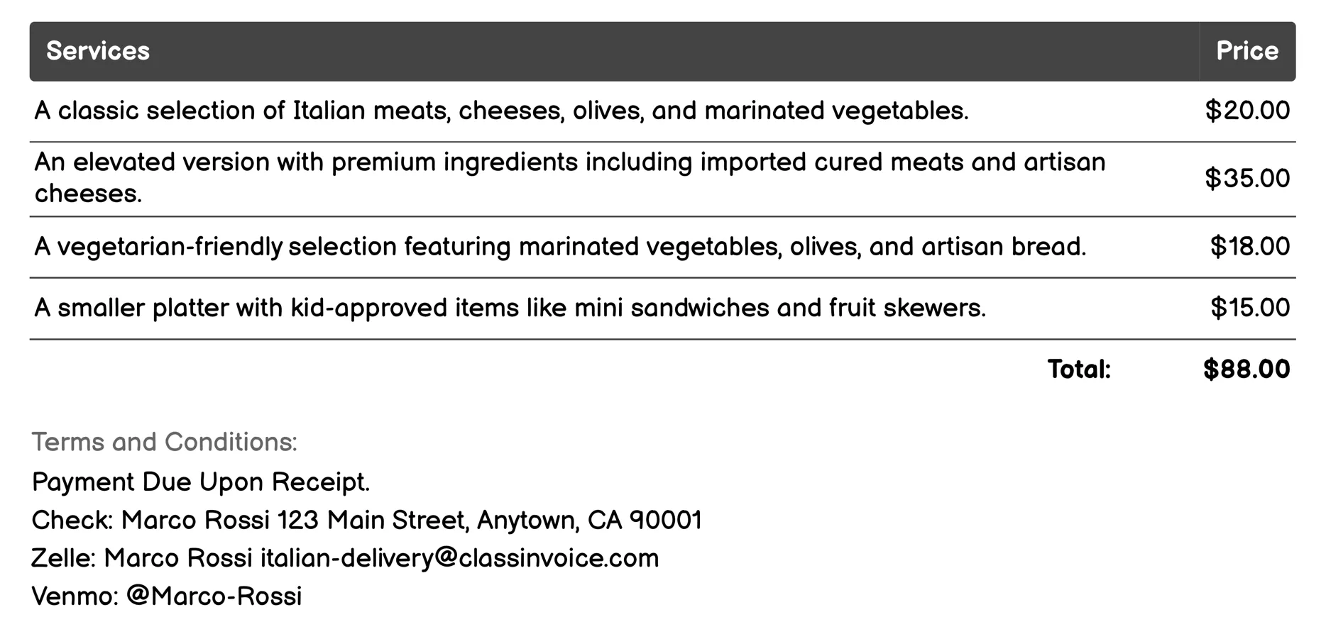 Antipasto Platter Invoice Example