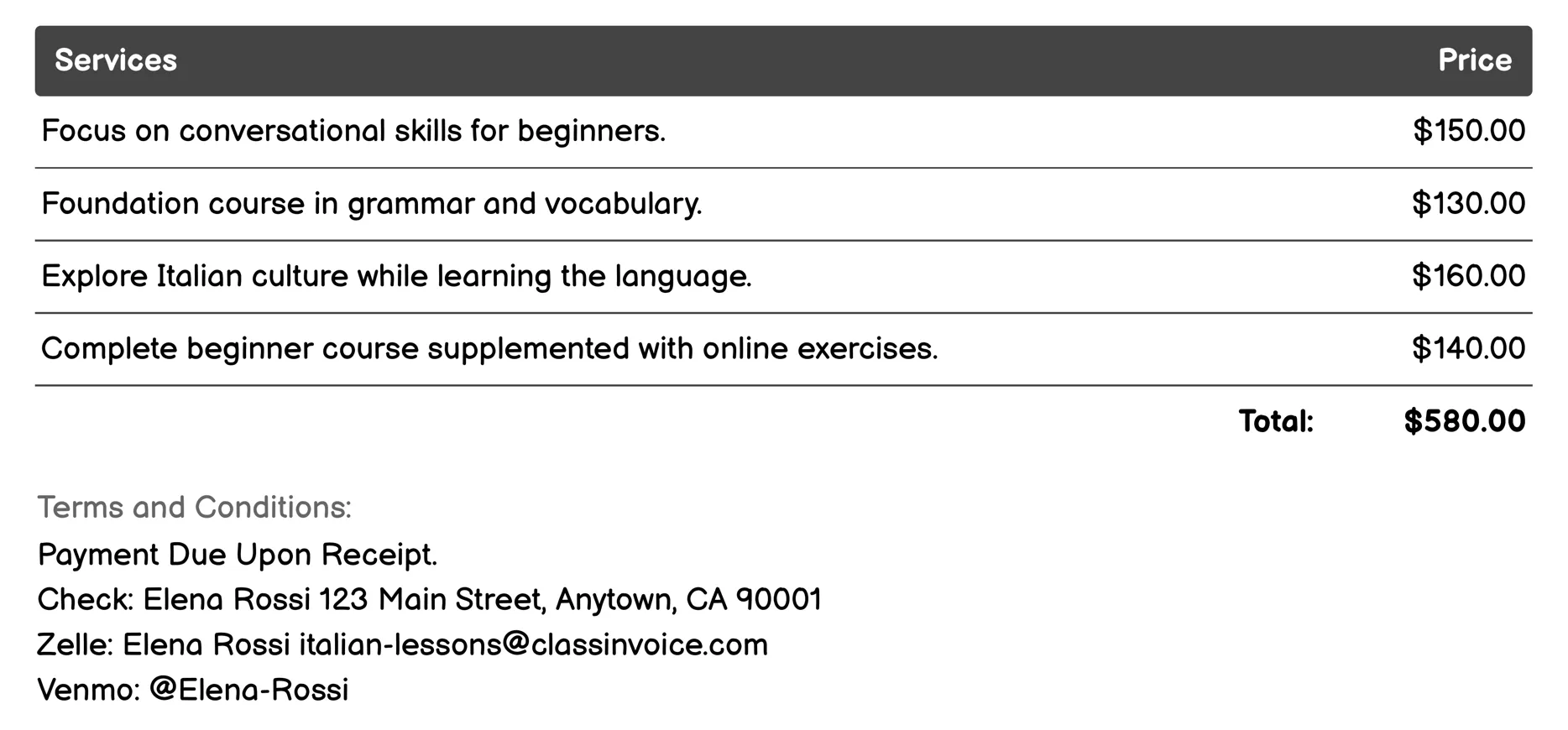 Beginner to Advanced Courses Invoice Example