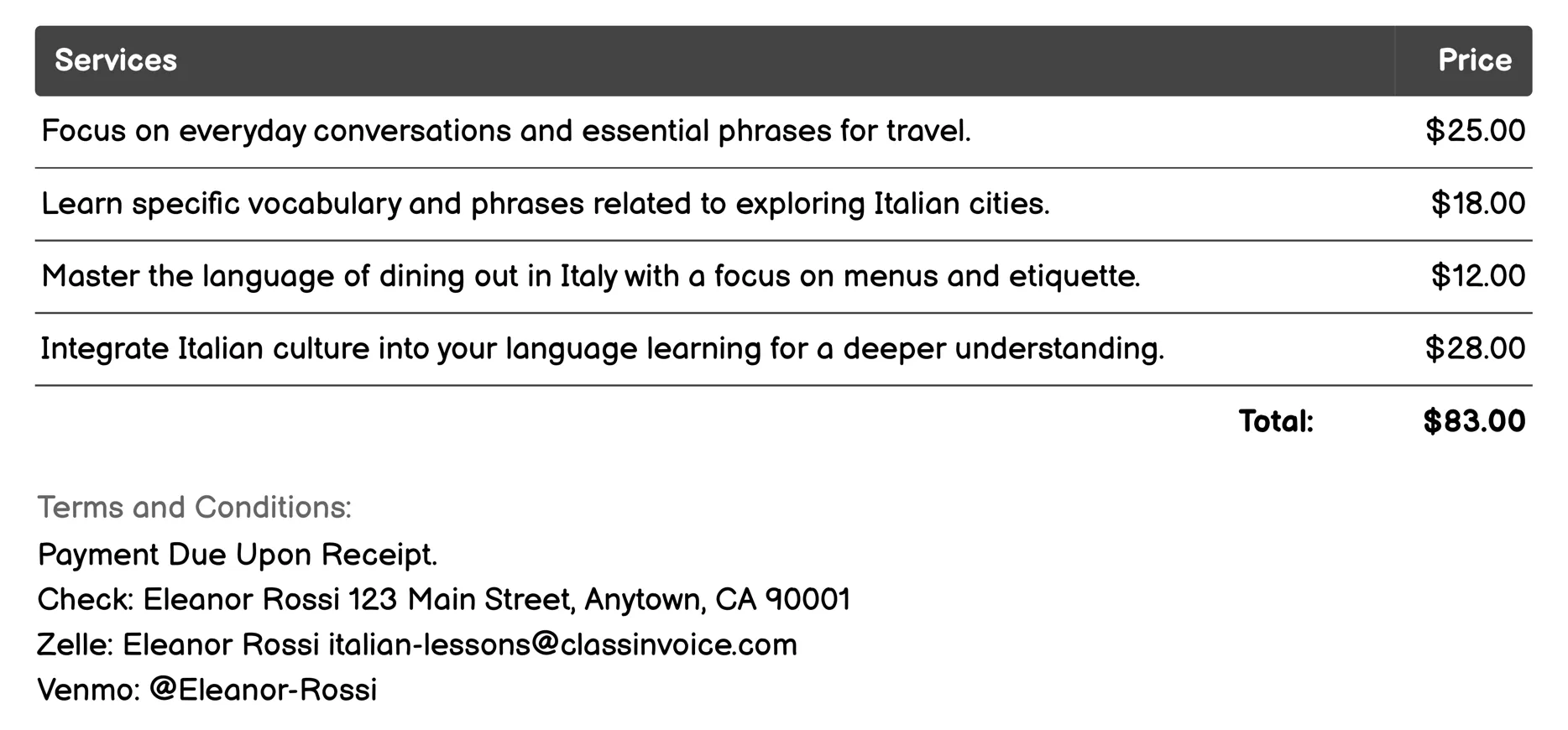 Italian for Travelers Invoice Example