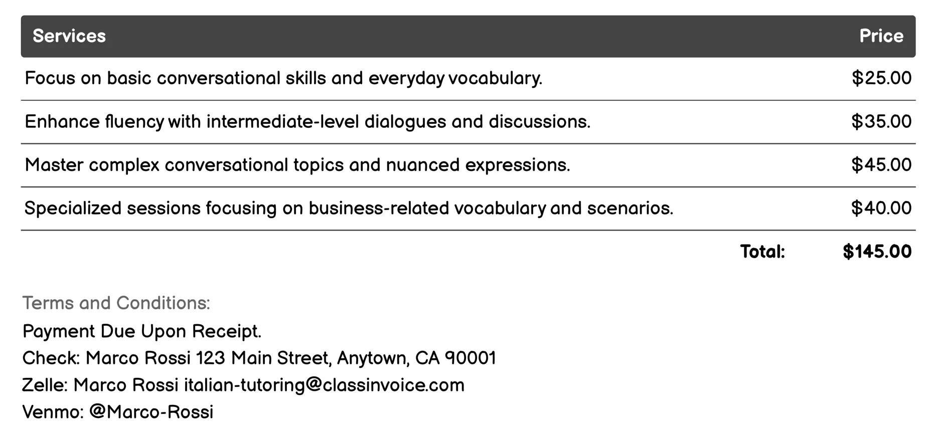 Conversation Practice Invoice Example