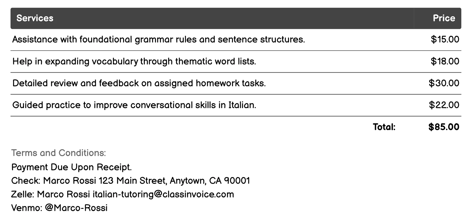 Homework Assistance Invoice Example