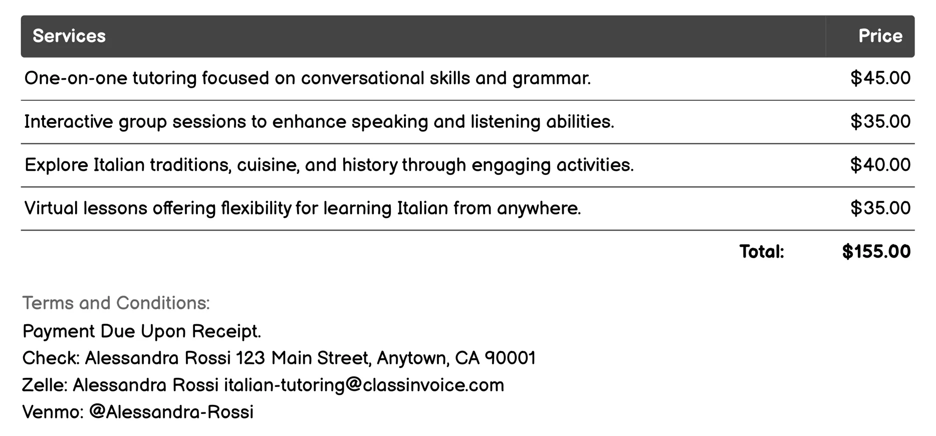 Italian Culture Immersion Invoice Example