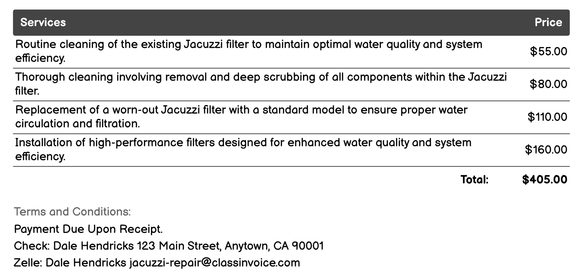 Filter Cleaning/Replacement Invoice Example