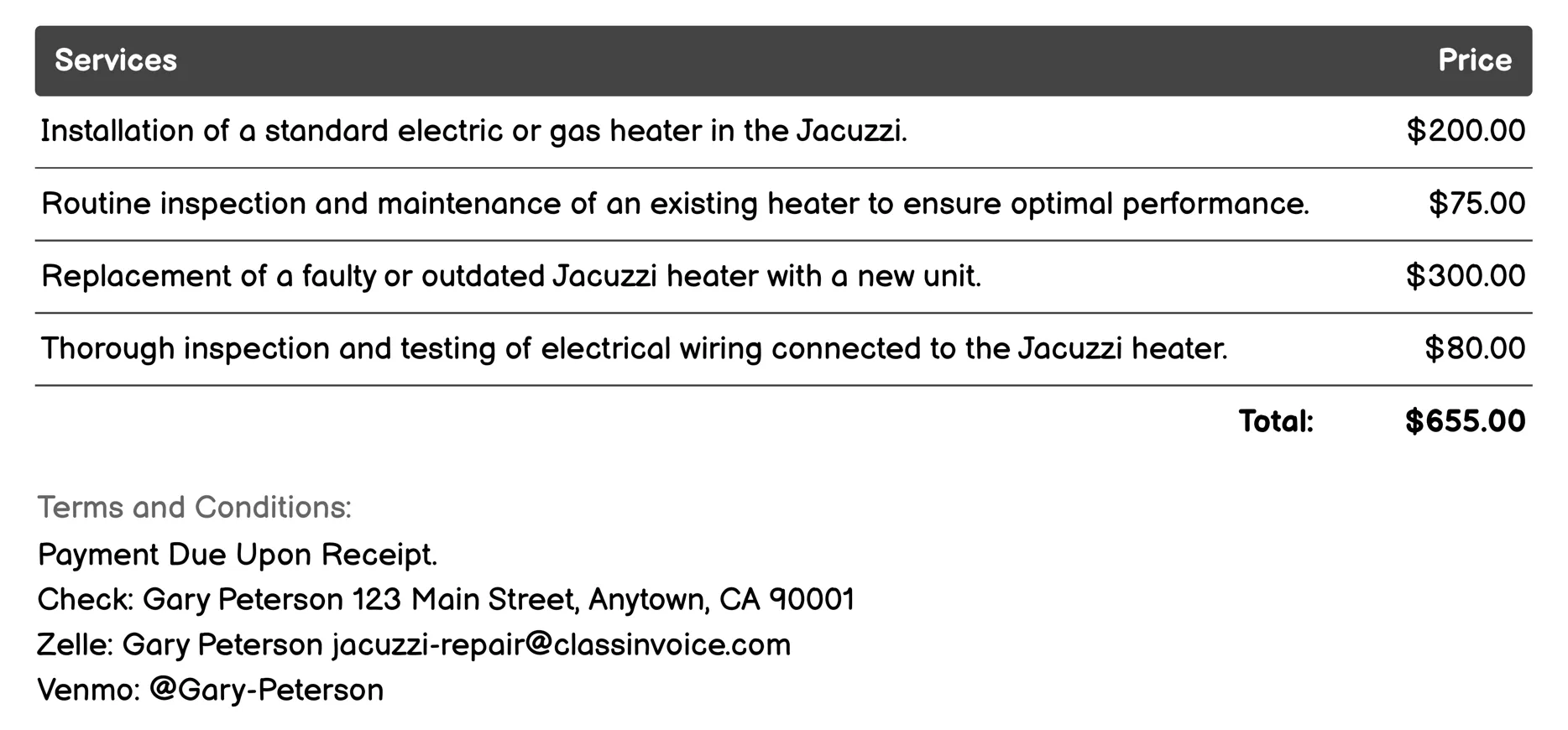 Heater Installation/Maintenance Invoice Example
