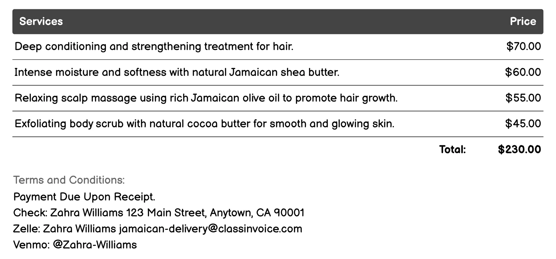 Beauty and Spa Products Invoice Example