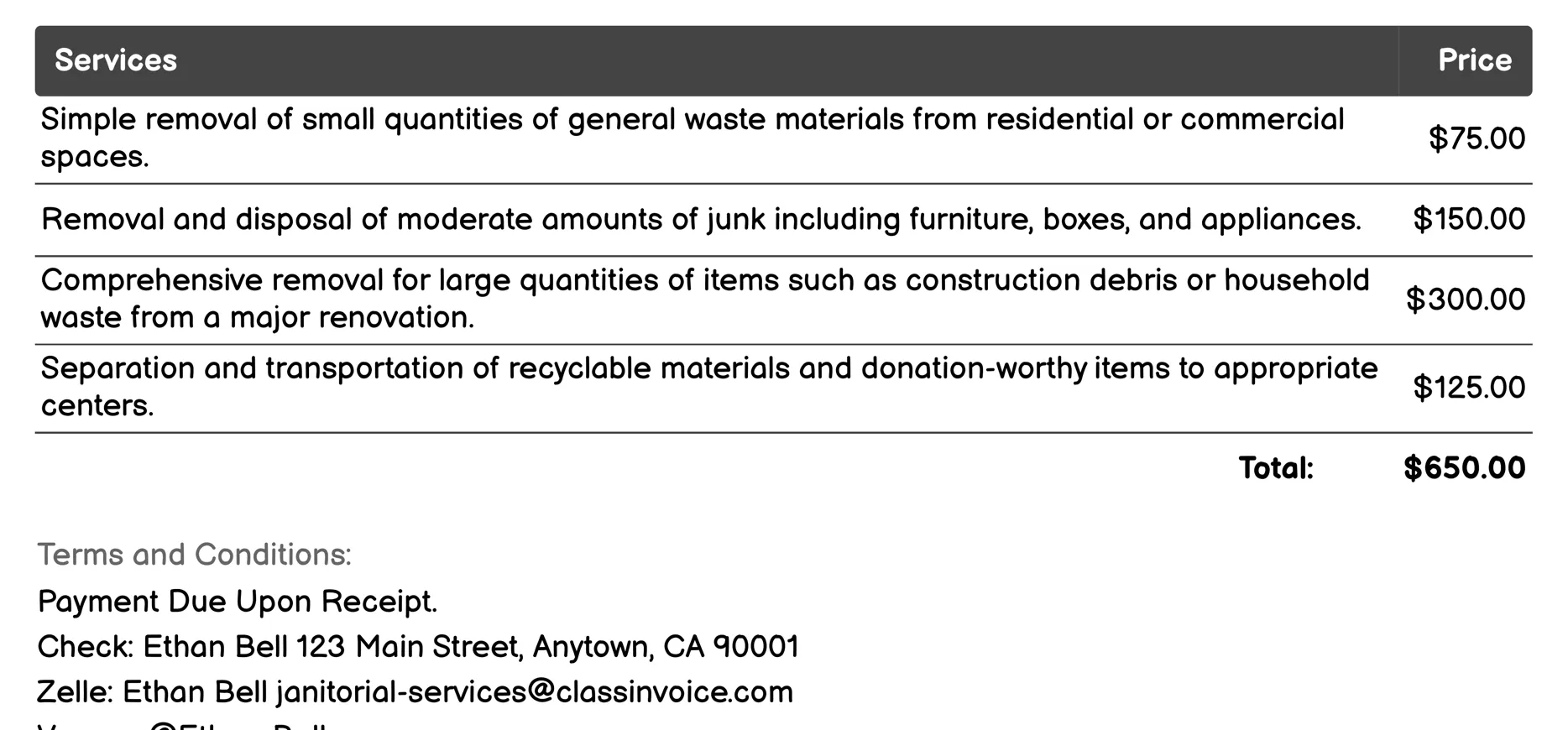 Junk Removal Invoice Example
