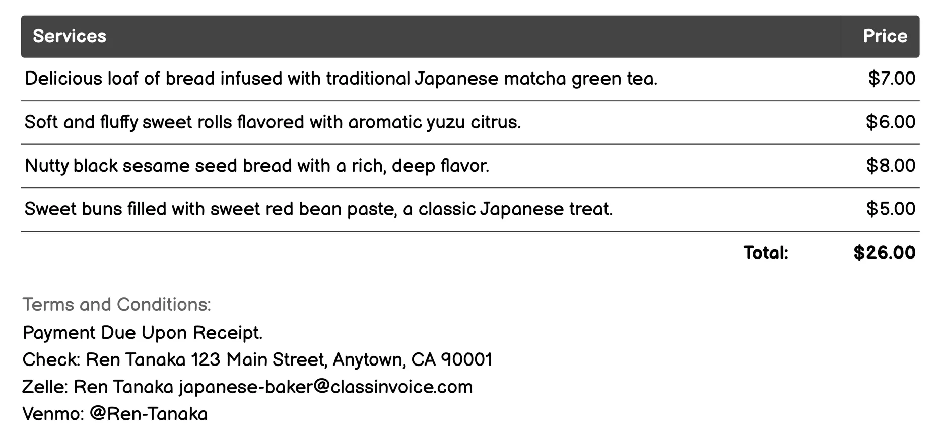 Bread Baking Invoice Example