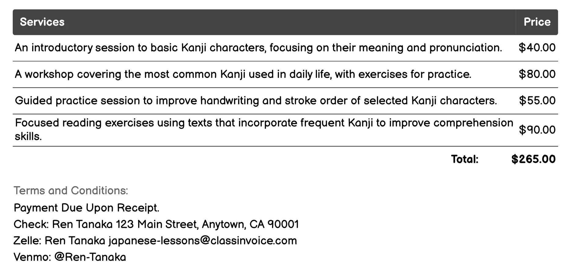 Kanji Learning Invoice Example