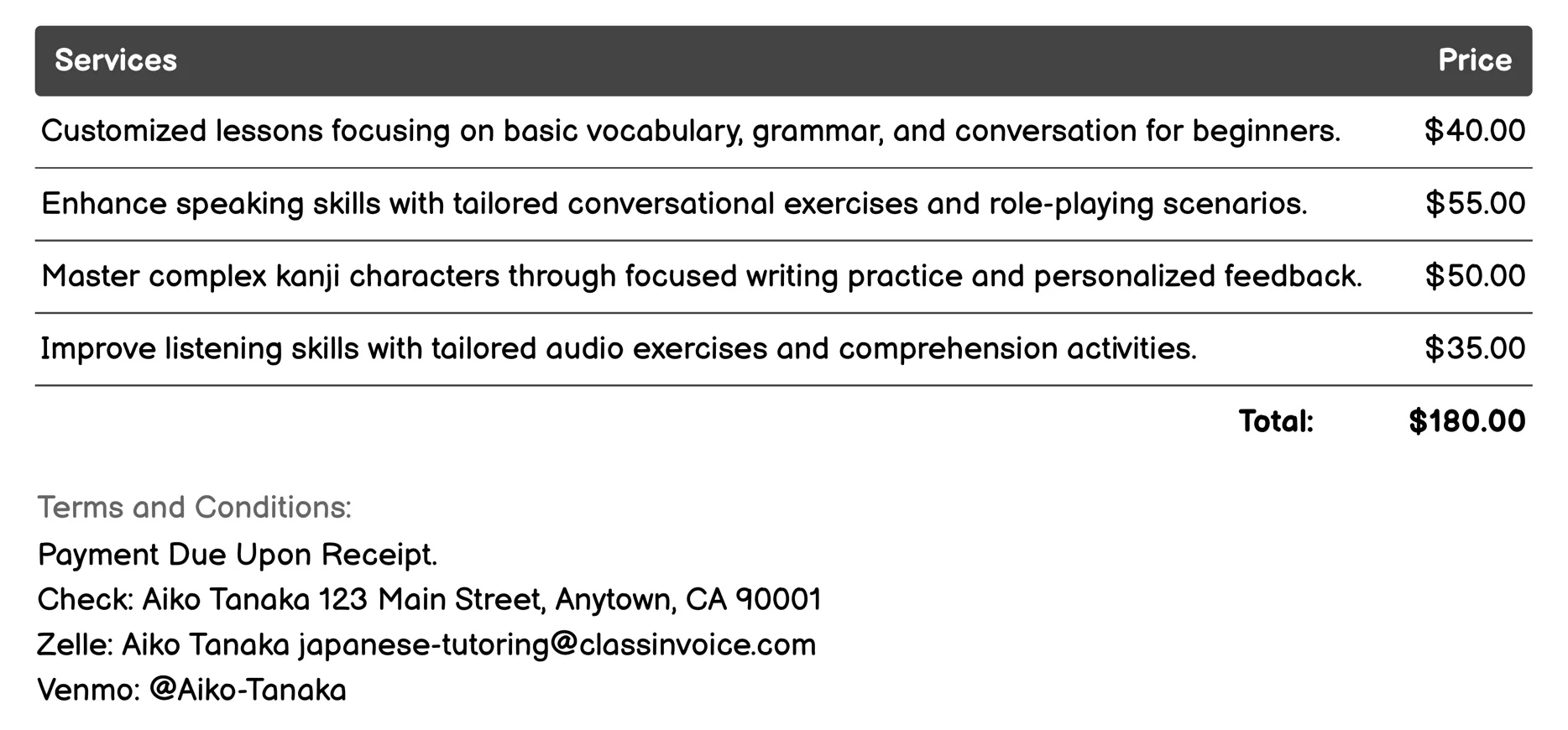Customized Private Tutoring Invoice Example