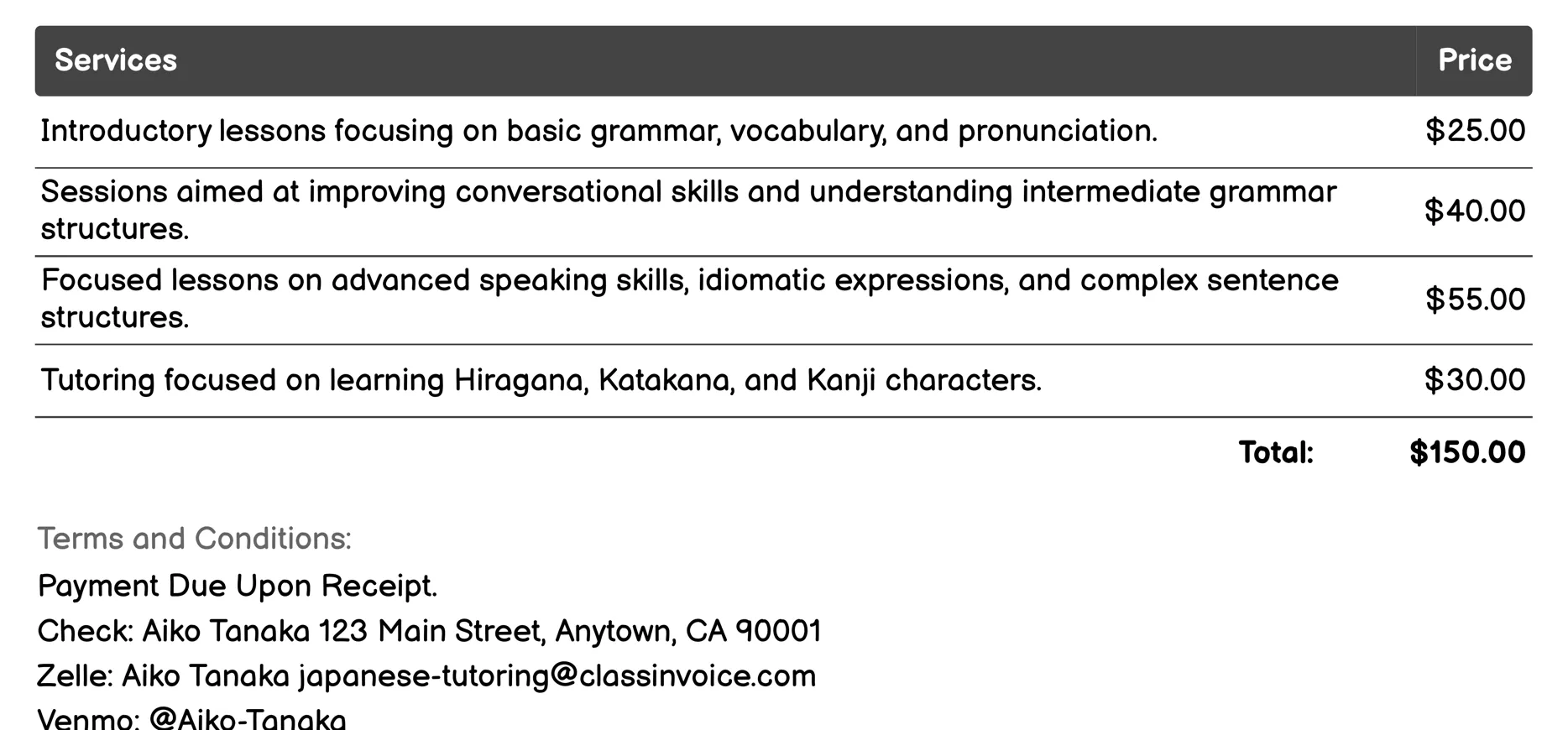 Japanese Language Classes Invoice Example