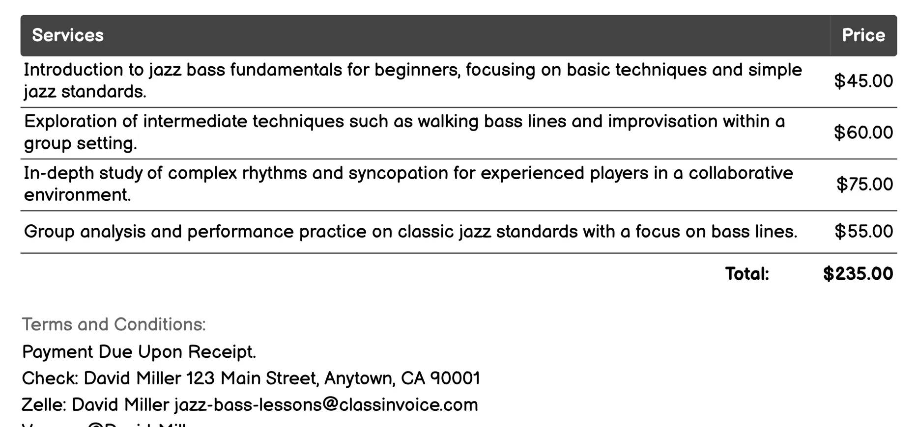 Group Classes Invoice Example