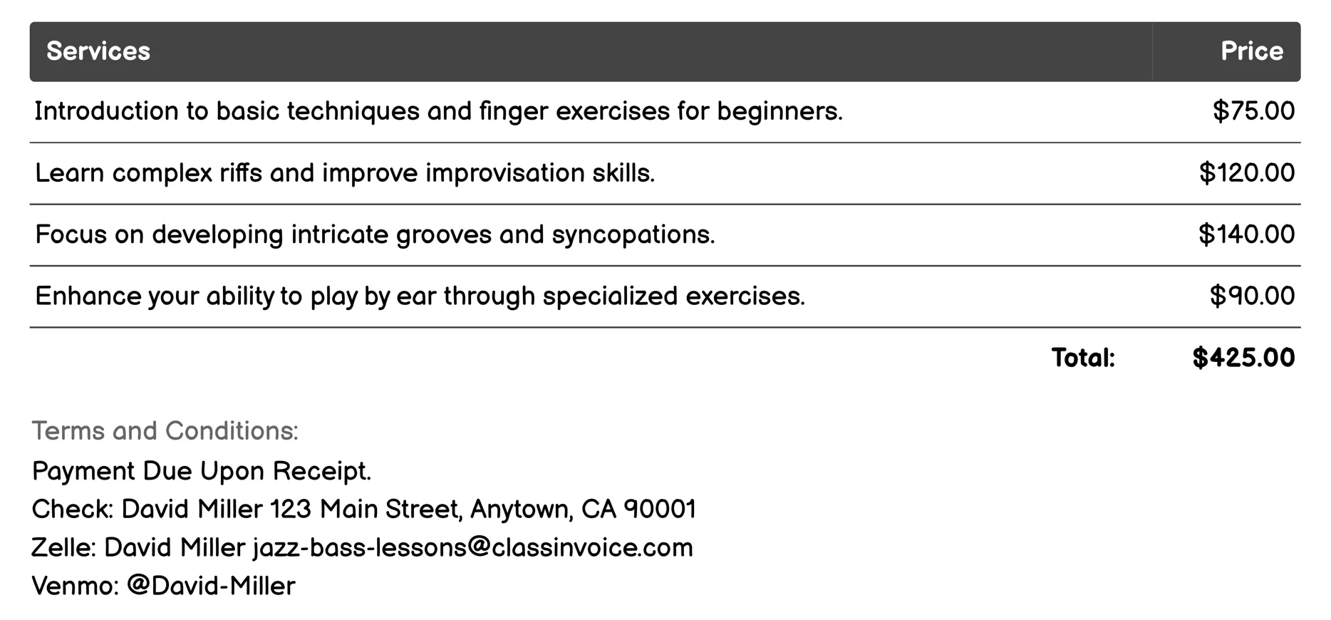 Online Courses Invoice Example