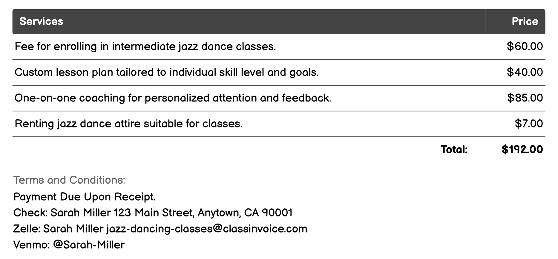 Intermediate Jazz Dance Classes Invoice Example