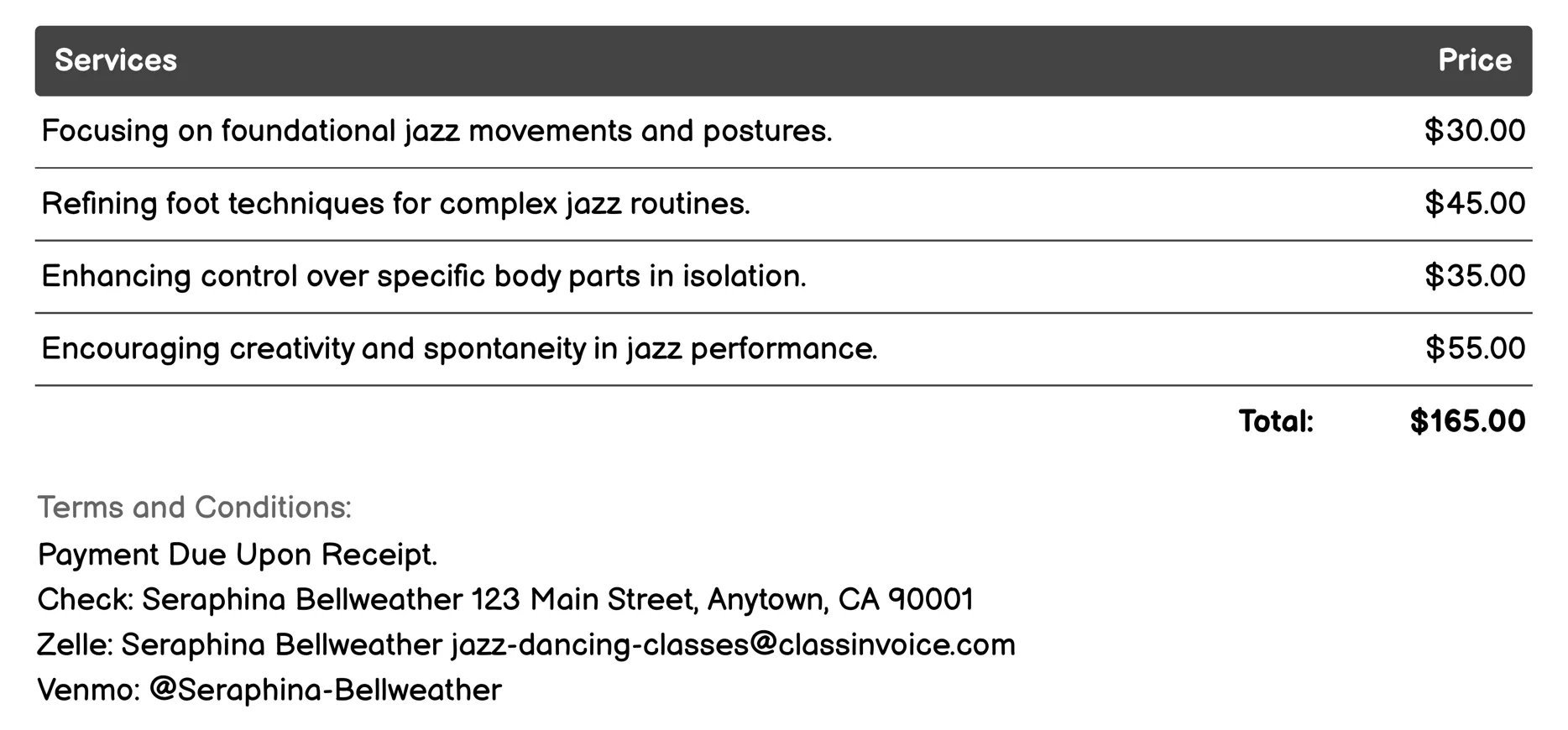 Jazz Technique Refinement Classes Invoice Example