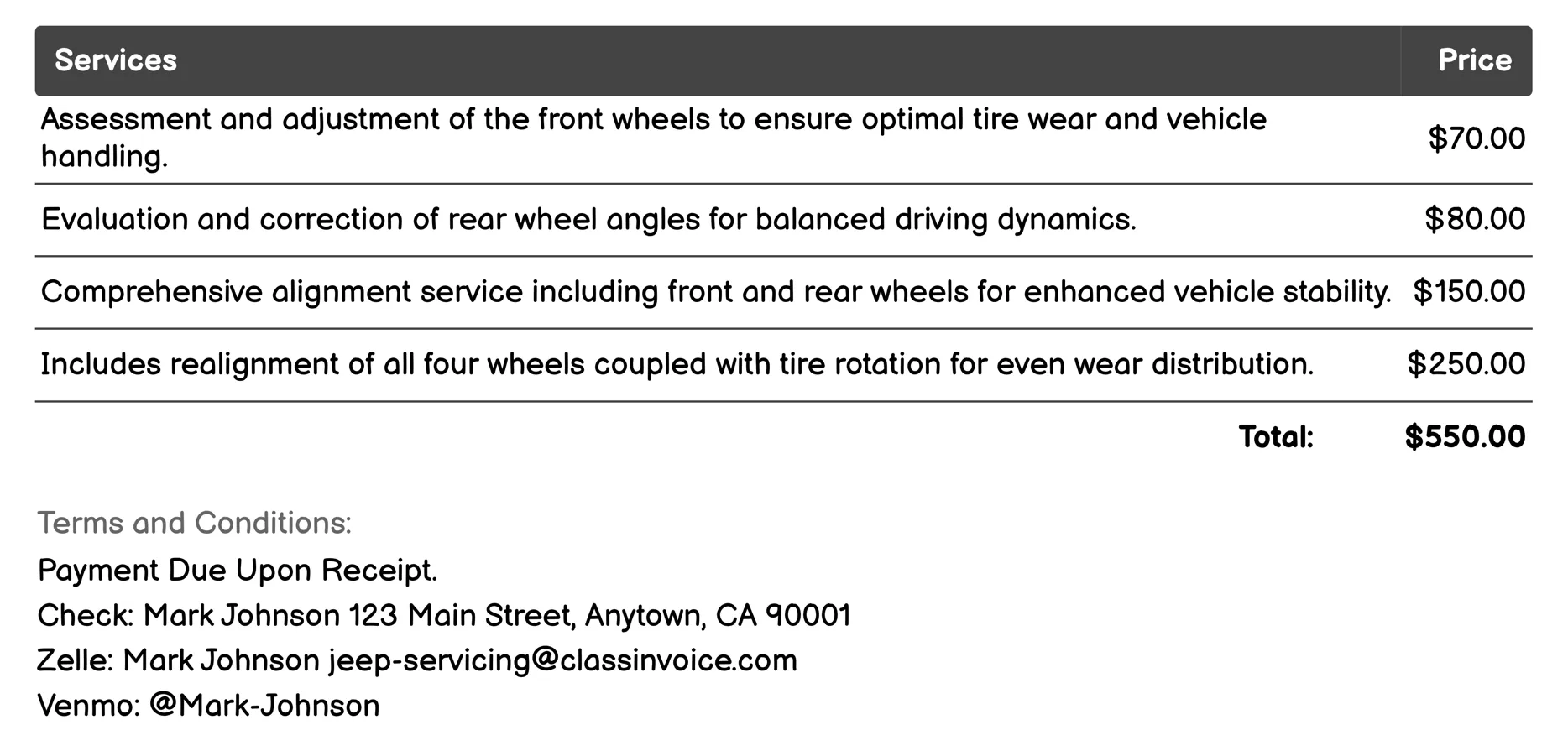 Alignment Check Invoice Example