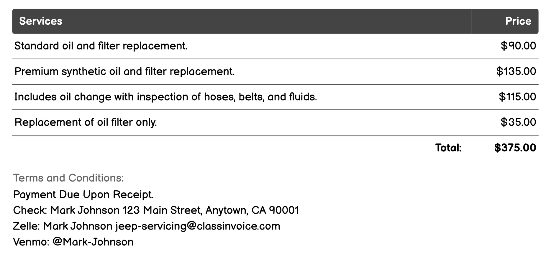 Oil Change Invoice Example