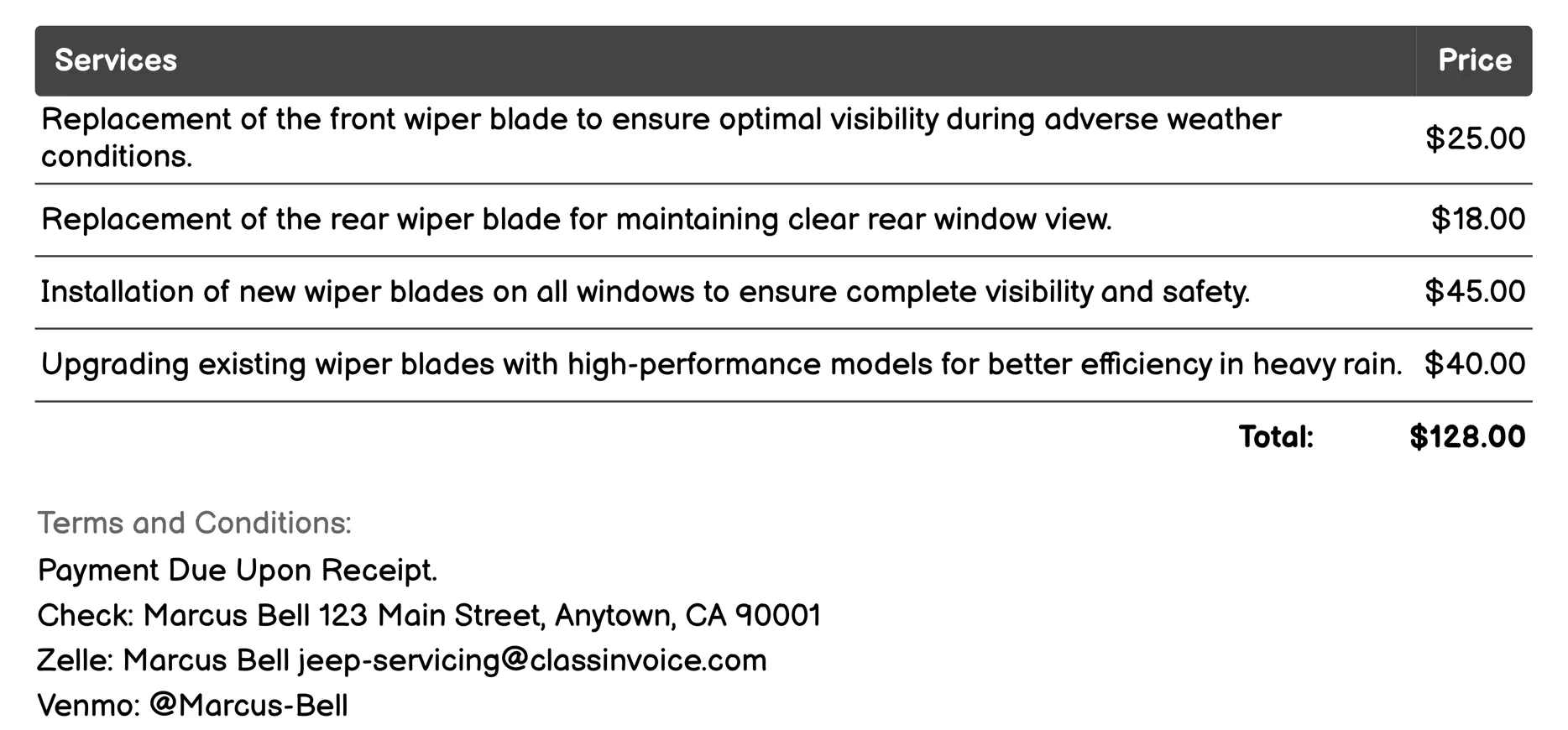Wiper Blade Replacement Invoice Example