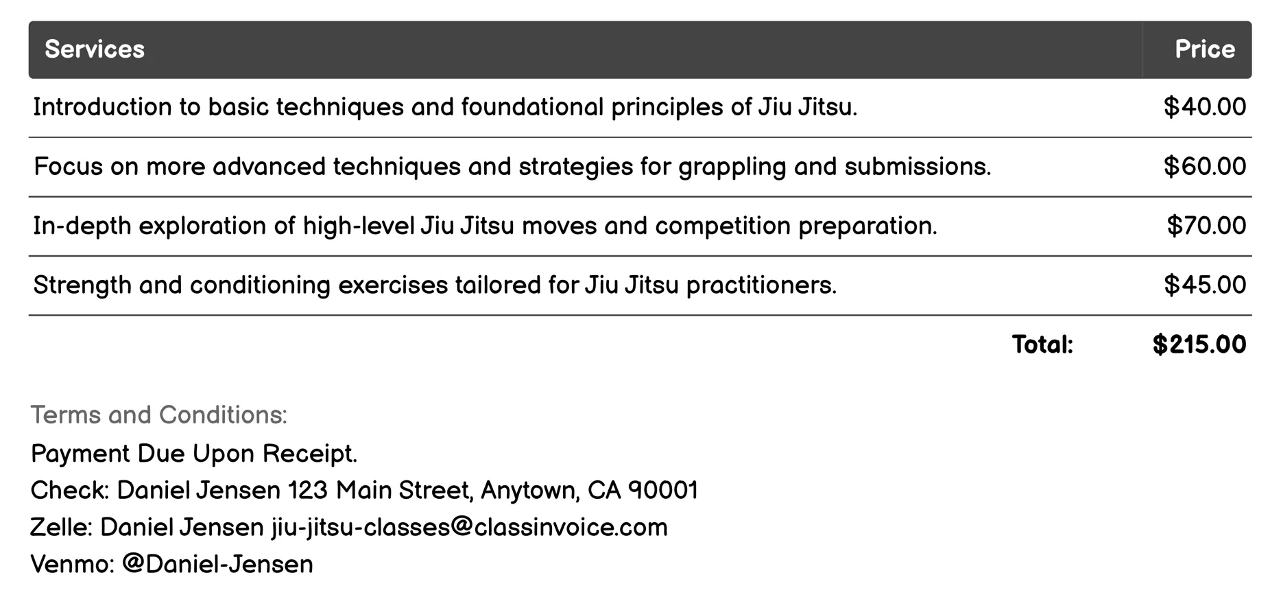 Private Lessons Invoice Example
