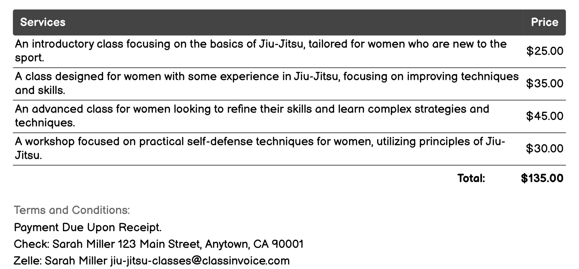 Women's Only Classes Invoice Example