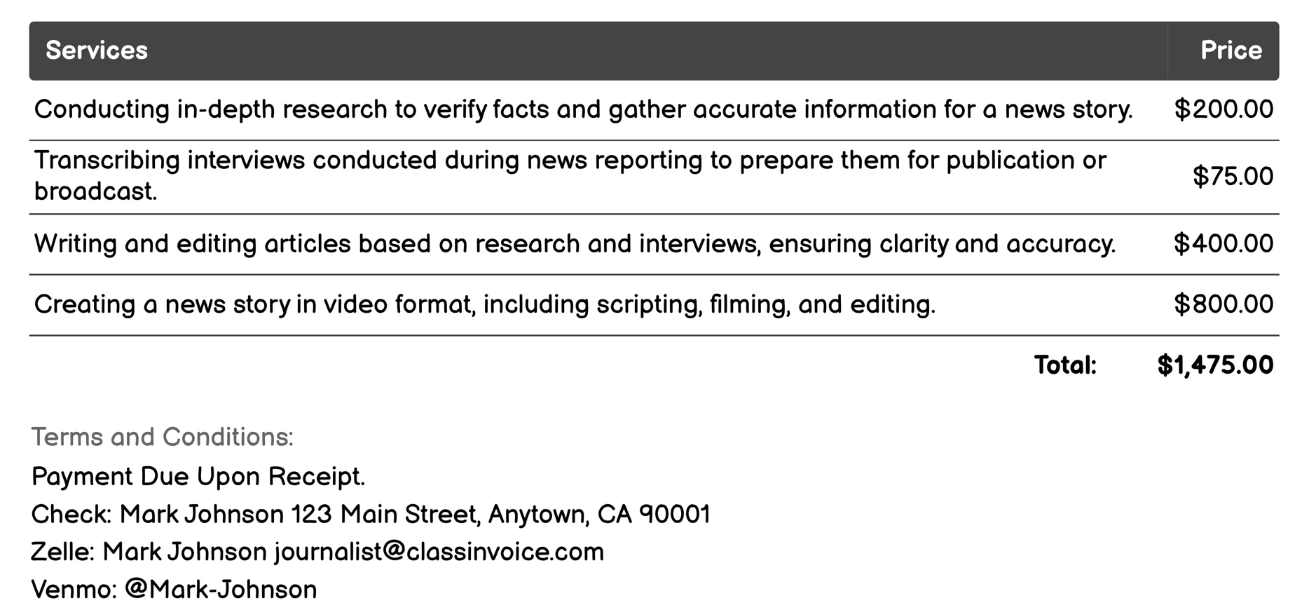 News Reporting Invoice Example