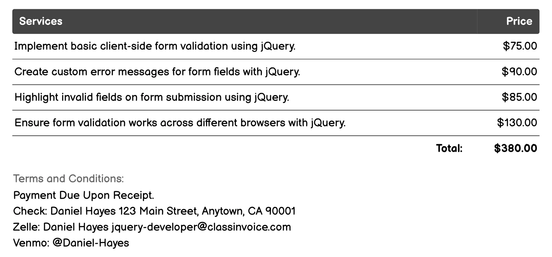 Form Validation Invoice Example