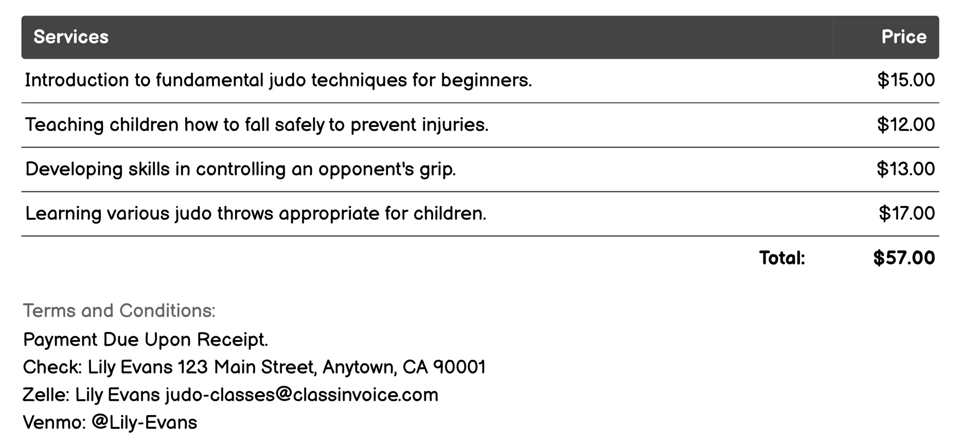 Children's Classes Invoice Example