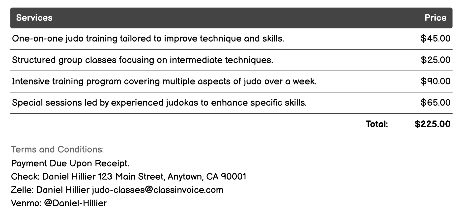 Intermediate Classes Invoice Example