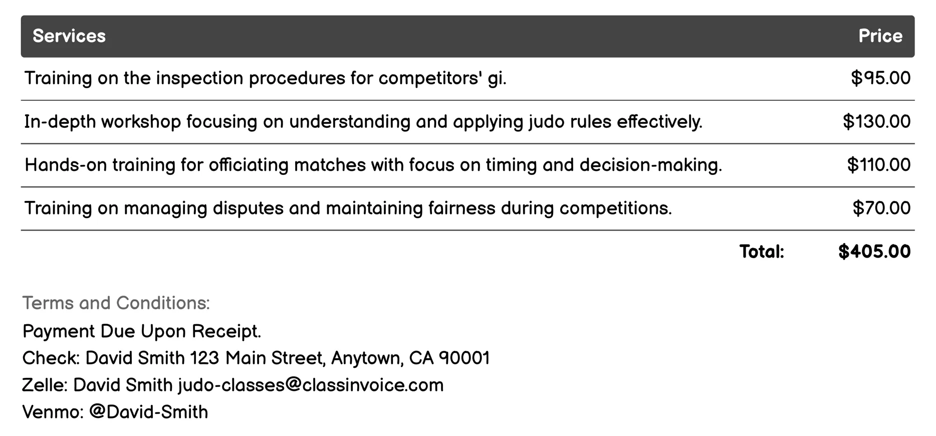 Referee/Official Training Invoice Example