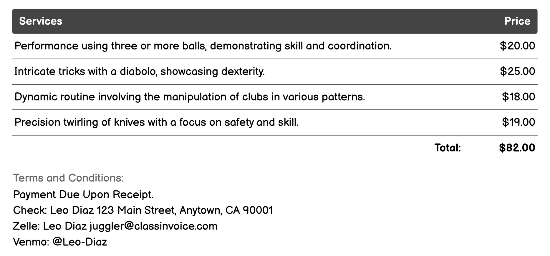 Busker or Street Artist Invoice Example