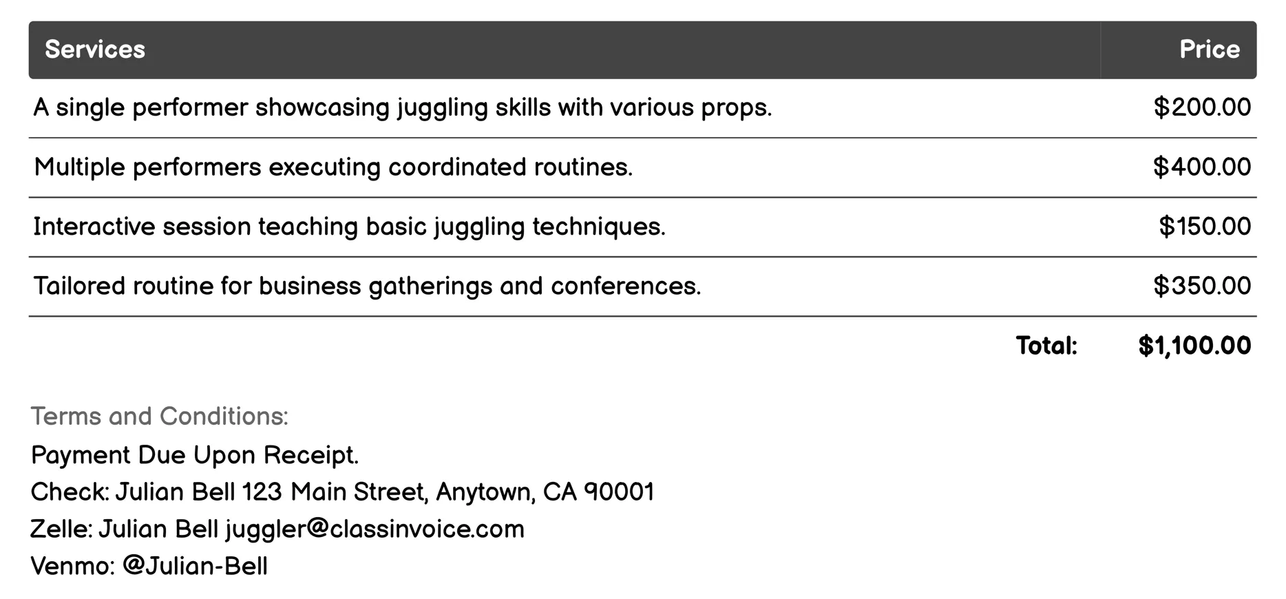 Freelance Juggling Performer Invoice Example