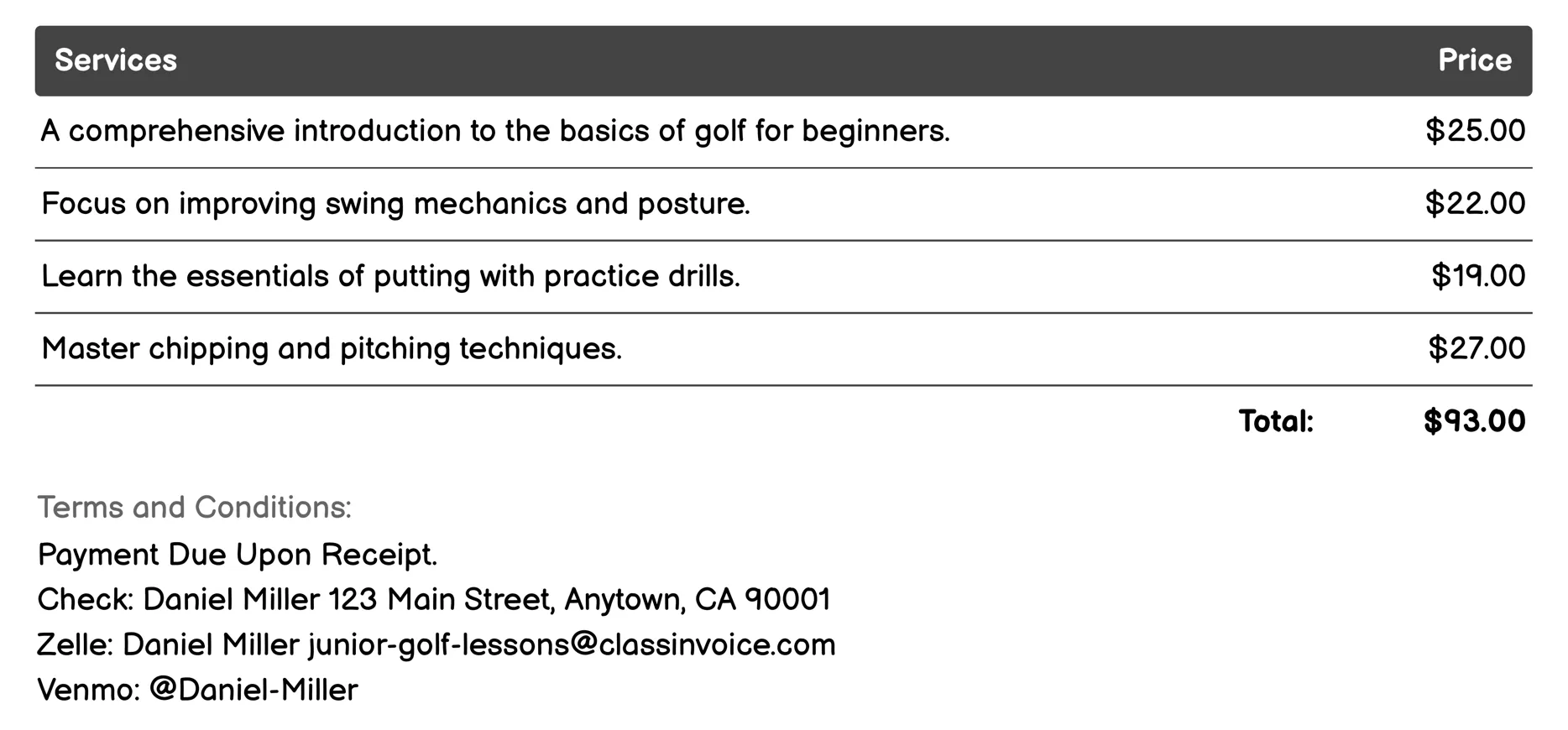 Course Play Clinics Invoice Example