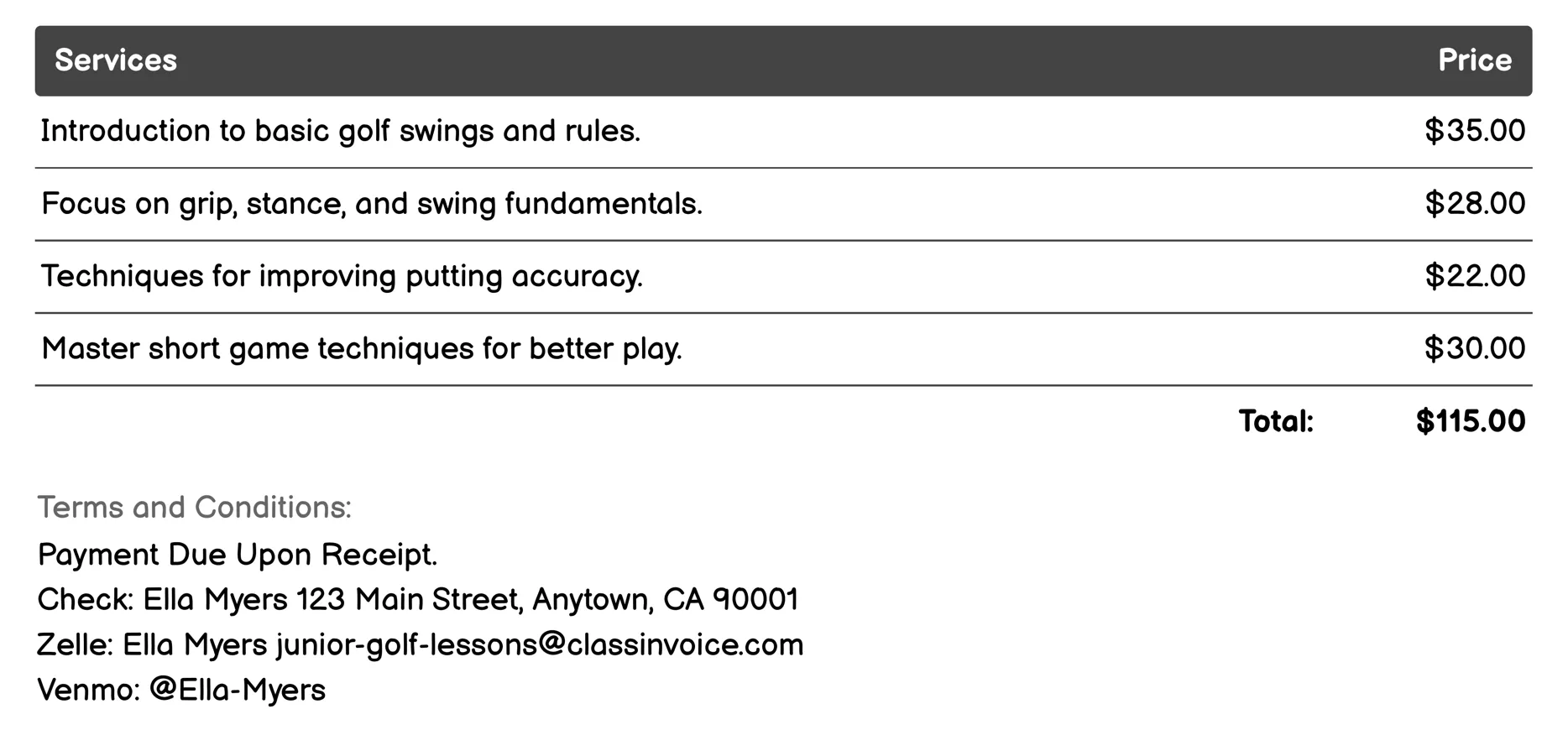 Group Lessons Invoice Example
