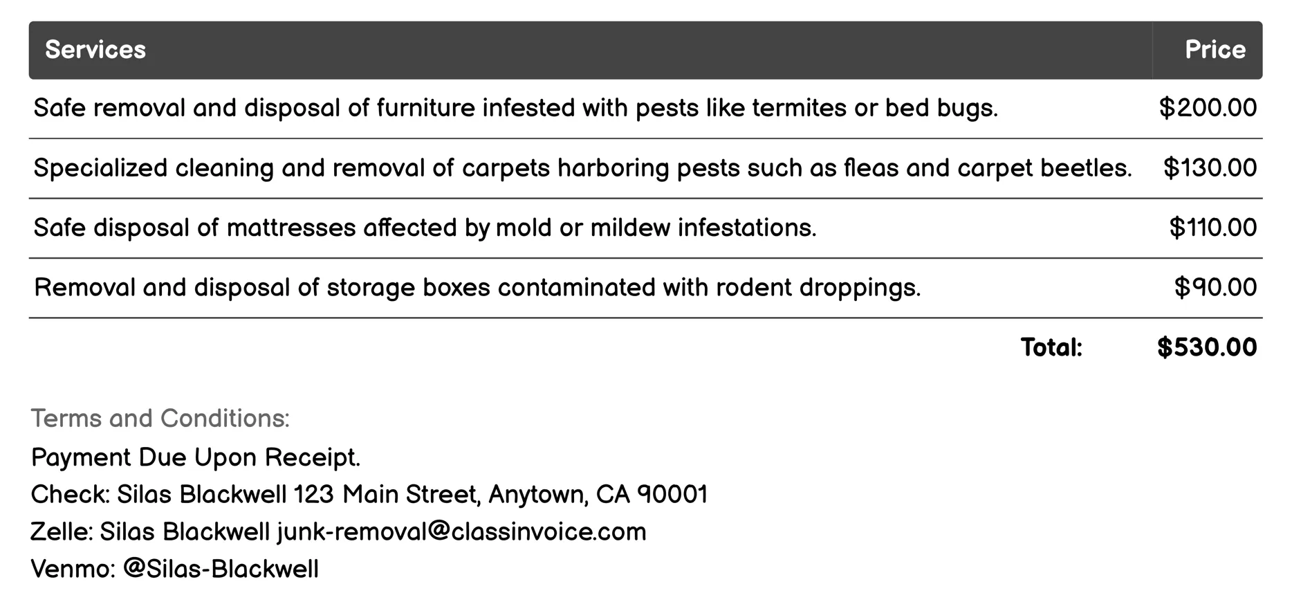 Pest-Infested Junk Removal Invoice Example