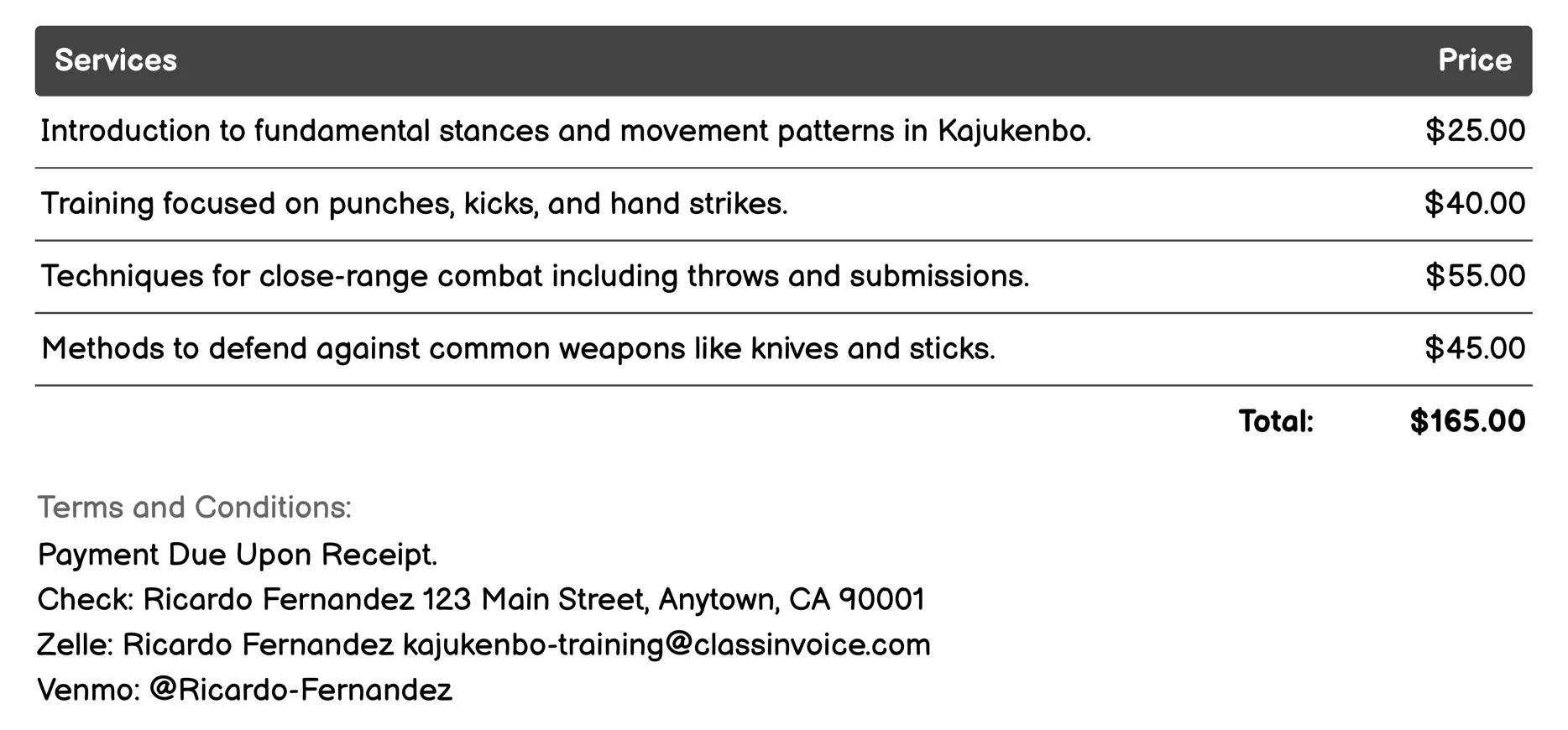 Self-Defense Techniques Invoice Example